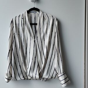 Mango Lightweight Flowy Printed Abstract Stripes Crossover Blouse